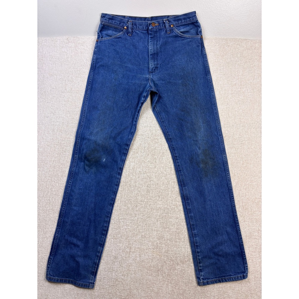 Wrangler 13MWZ Cowboy Cut Jeans Mens 36x36 Blue Indigo Distressed Denim